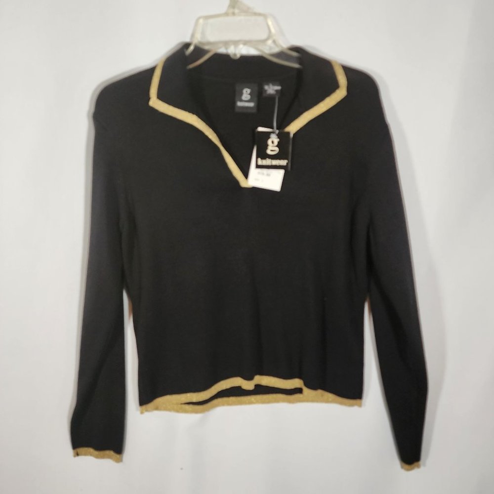 G Knitwear Black V-Neck Sweater Gold Trim Accents Size Large‎ NWT
